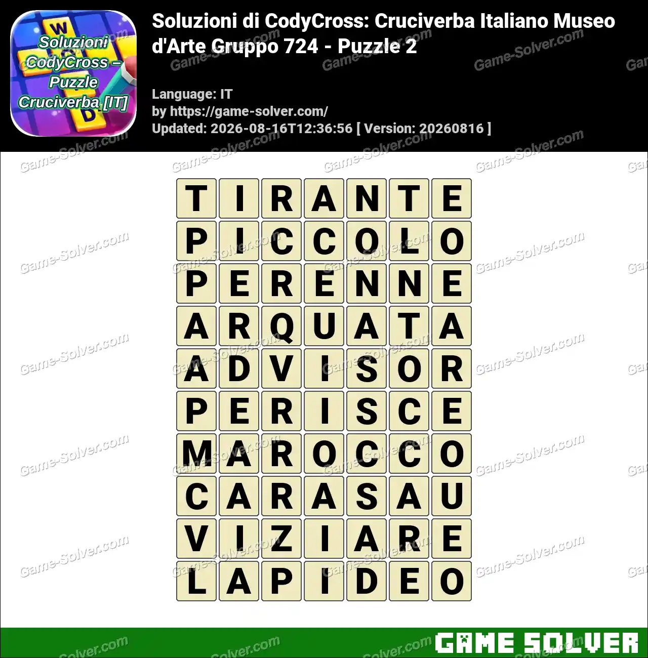 Soluzioni di CodyCross: Cruciverba Italiano Museo d’Arte Gruppo 724 – Puzzle 2